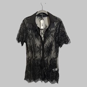 CBR Lace Sheer Whimsigoth Dark Academia Collared Button Up Black Top Size XL